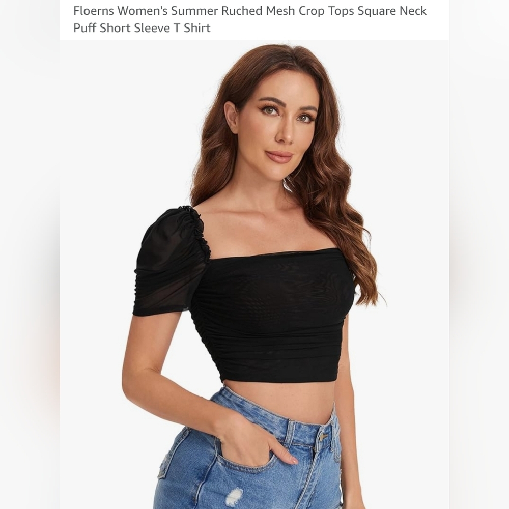 Floerns Summer Ruched Mesh Crop Tops Square Neck Puff Short Sleeve T Shirt